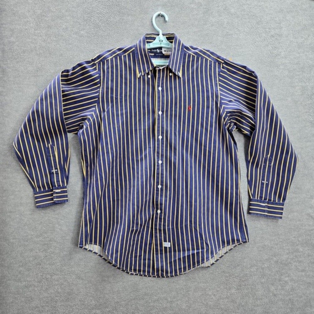 Ralph Lauren Men Button Up Shirt L Blue Polo Player Embroidery Striped Long